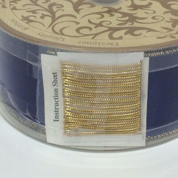 SWC Metallic Wired Christmas Ribbon Blue w/Gold Tying Cord 2.5" By 55 Yds. Decor - Picture 2 of 5